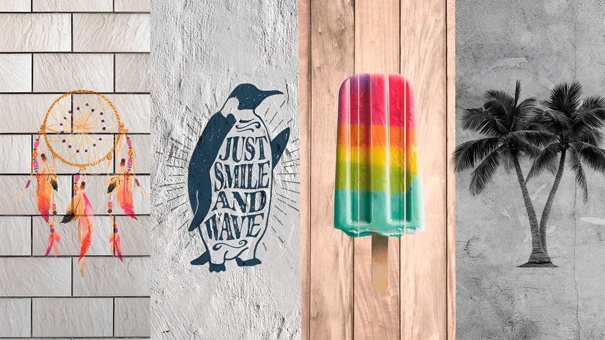 Wall printing samples showing dreamcatcher penguin popsicle and palm trees by InnoPrint KSA