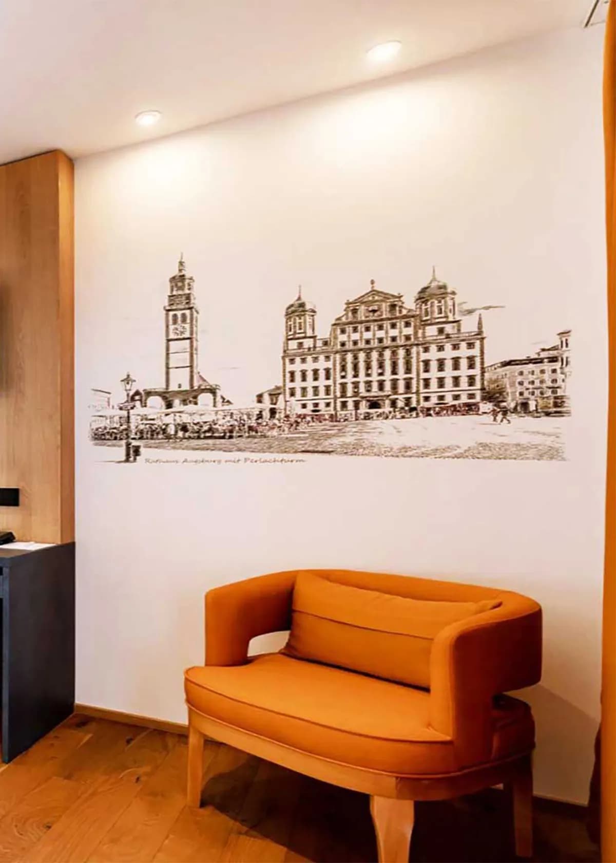 Hotel lobby wall art featuring European cityscape sketch by InnoPrint KSA