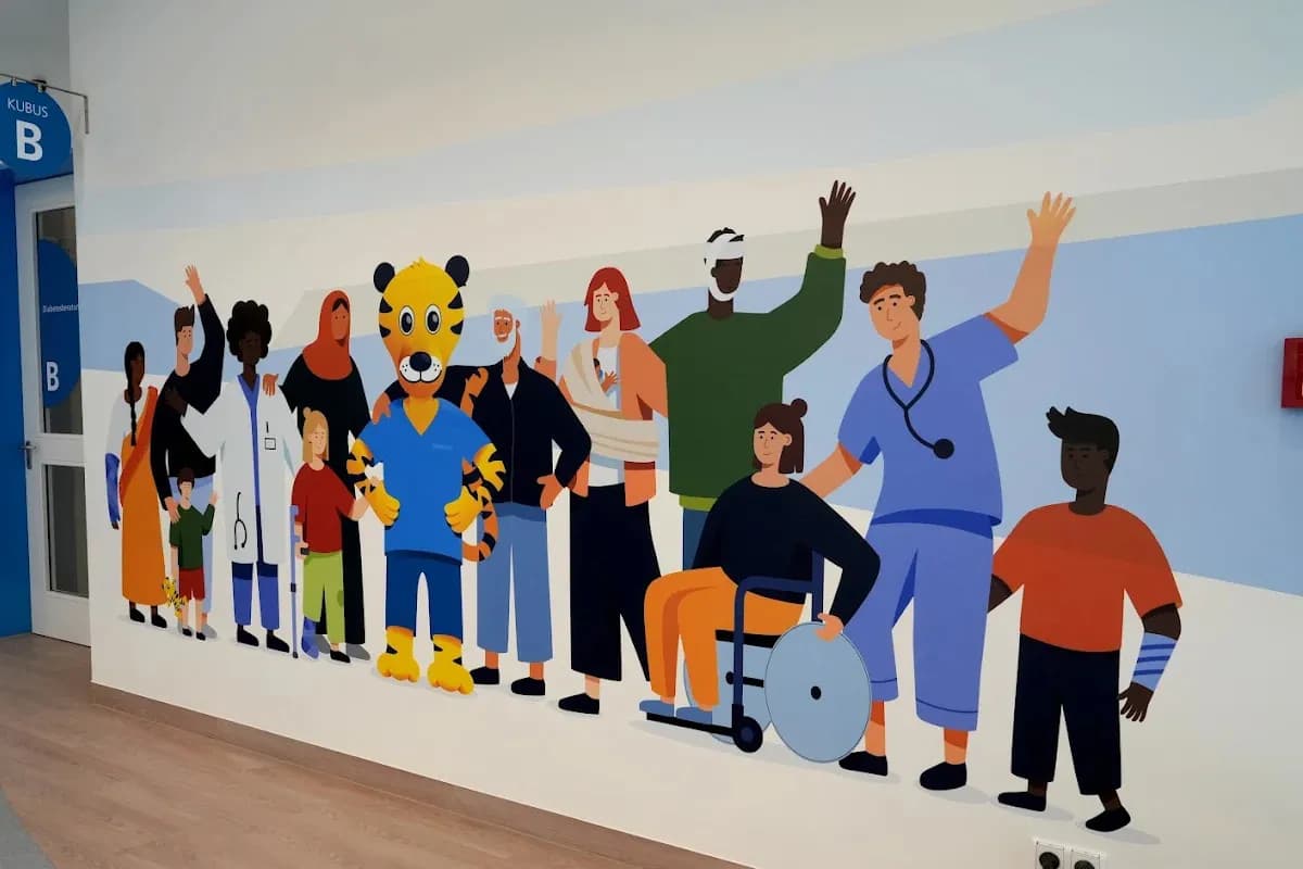 Hospital wall mural with diverse community and healthcare staff illustration by InnoPrint KSA